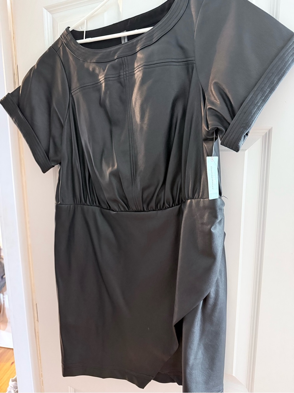 Anthropologie Black Faux Leather Short Sleeve Wrap Dress